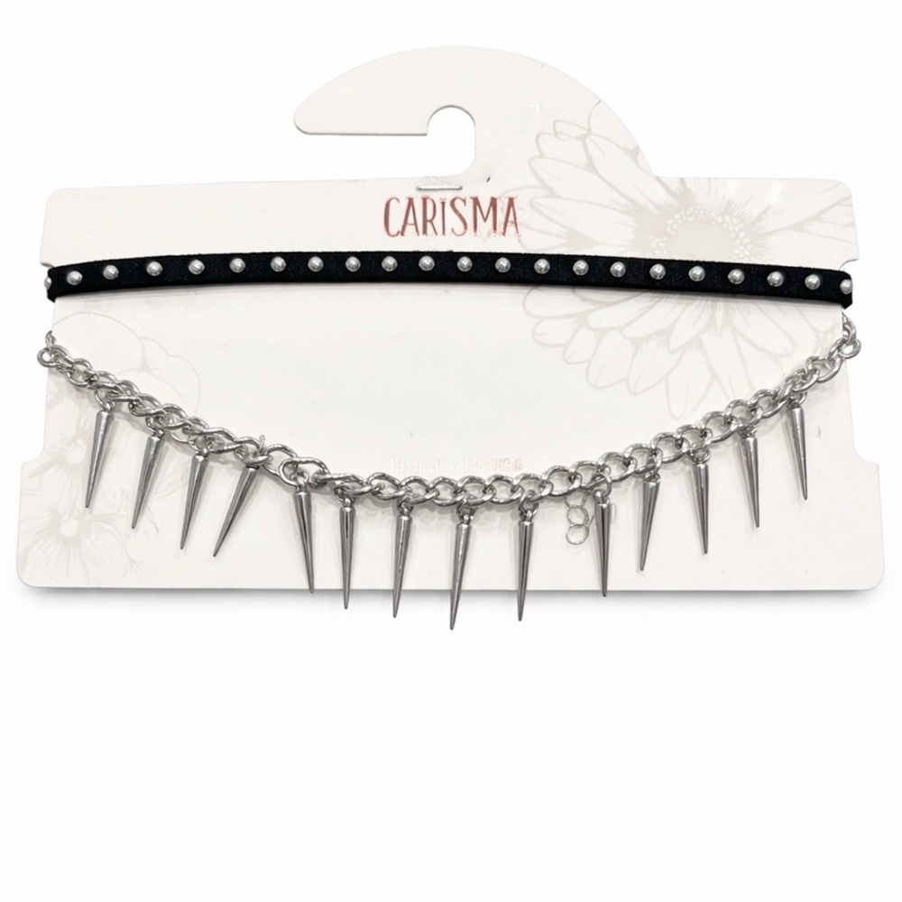 Carisma Black Studded Choker + Silver Spike Chain Layered Necklace Set